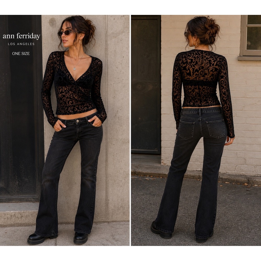 Ann Ferriday Vintage Y2K Whimsigoth Black Velvet Sheer Burnout Wrap Top Small